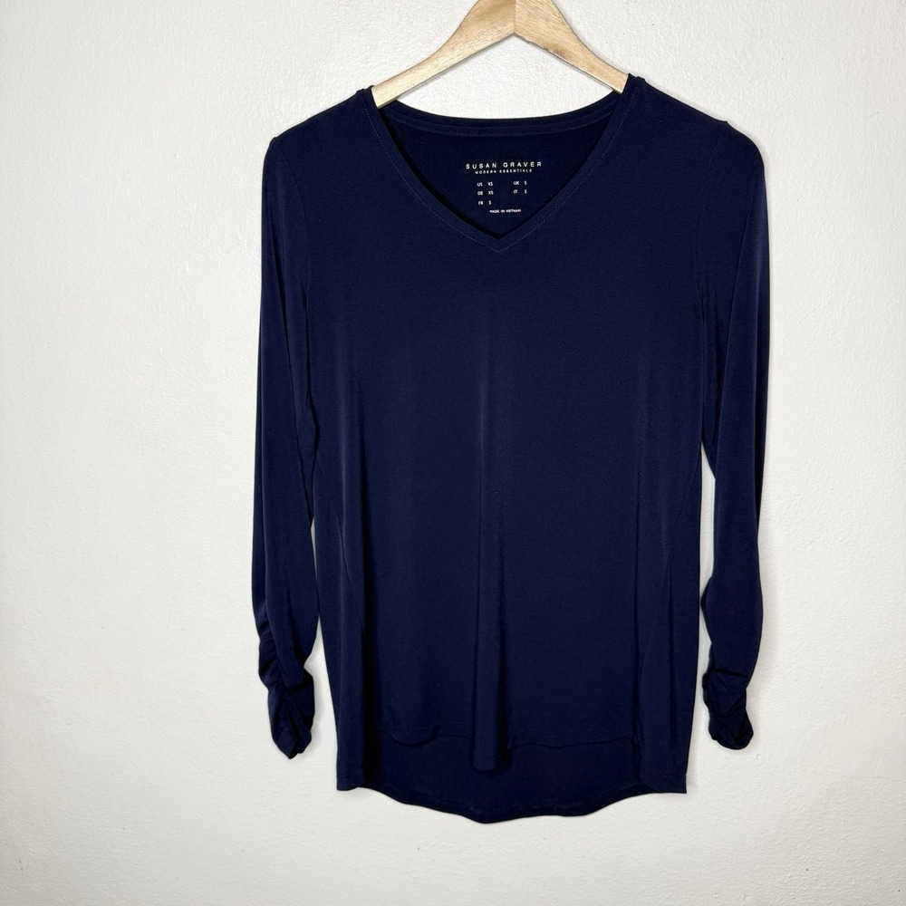 Susan Graver Modern Essentials Navy Blue V-Neck‎ Liquid Knit Too Women's XS